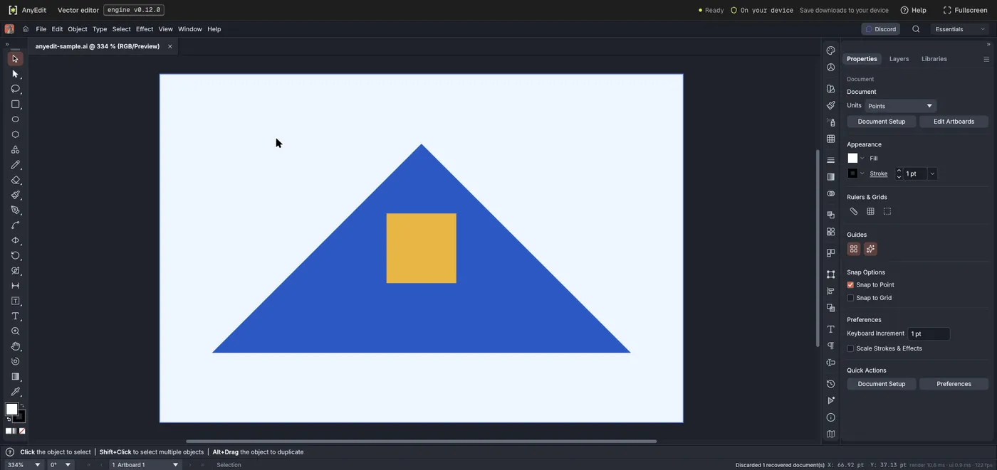 The vector editor with a hand-made .ai file open: a blue triangle with a yellow square on a pale background