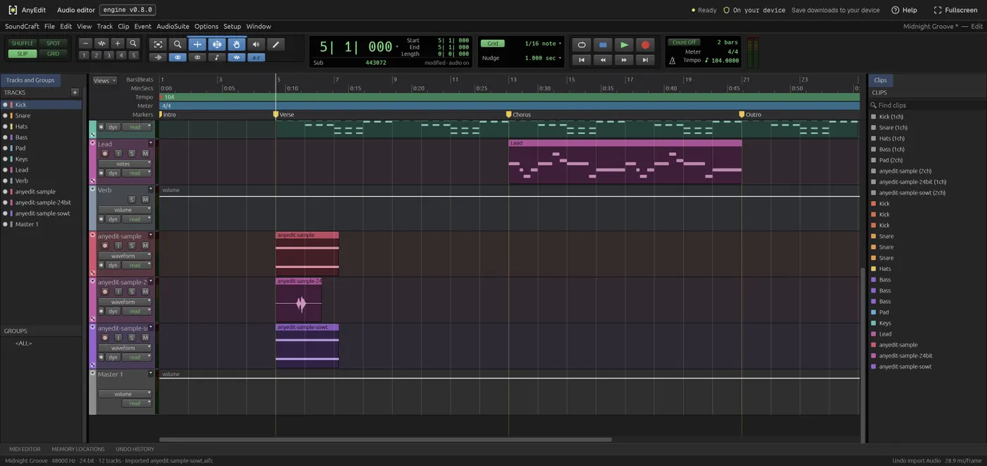 The audio editor after importing three AIFF files: tracks named anyedit-sample, anyedit-sample-24bit and anyedit-sample-sowt with their waveforms and the status bar reading Imported anyedit-sample-sowt.aifc