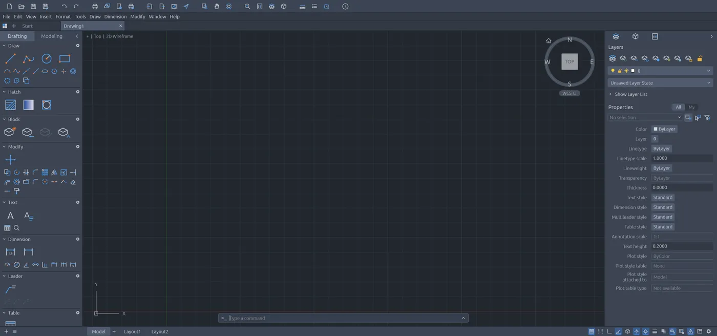 The CAD editor with tool strip, command line and drawing area