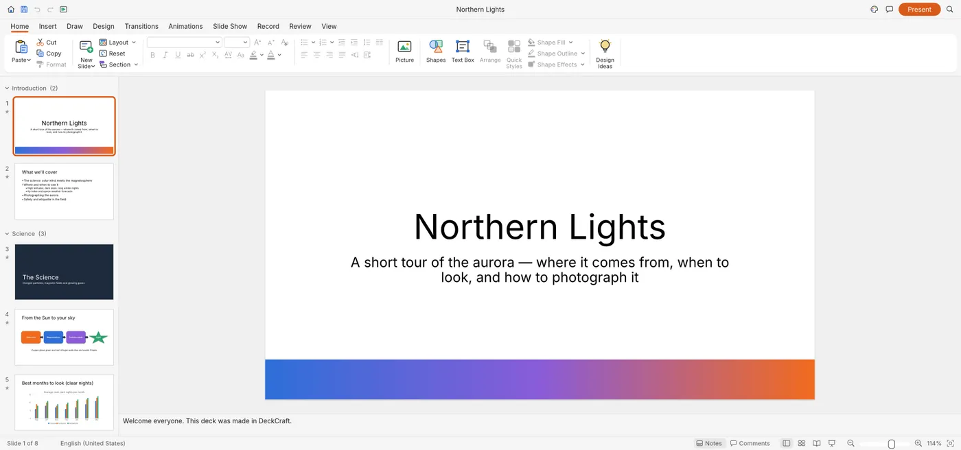 The slides editor with a sample presentation open
