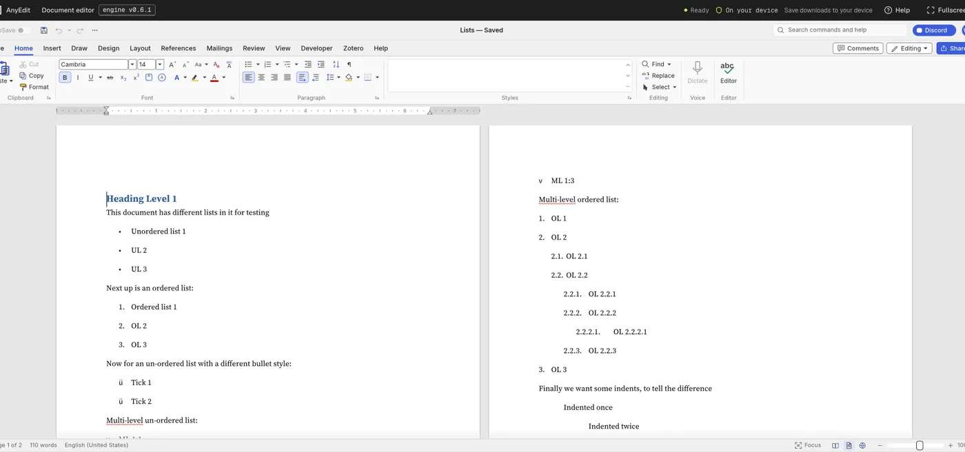 The document editor with a Word-made .doc open: a heading, then bulleted, numbered and multi-level lists across two pages