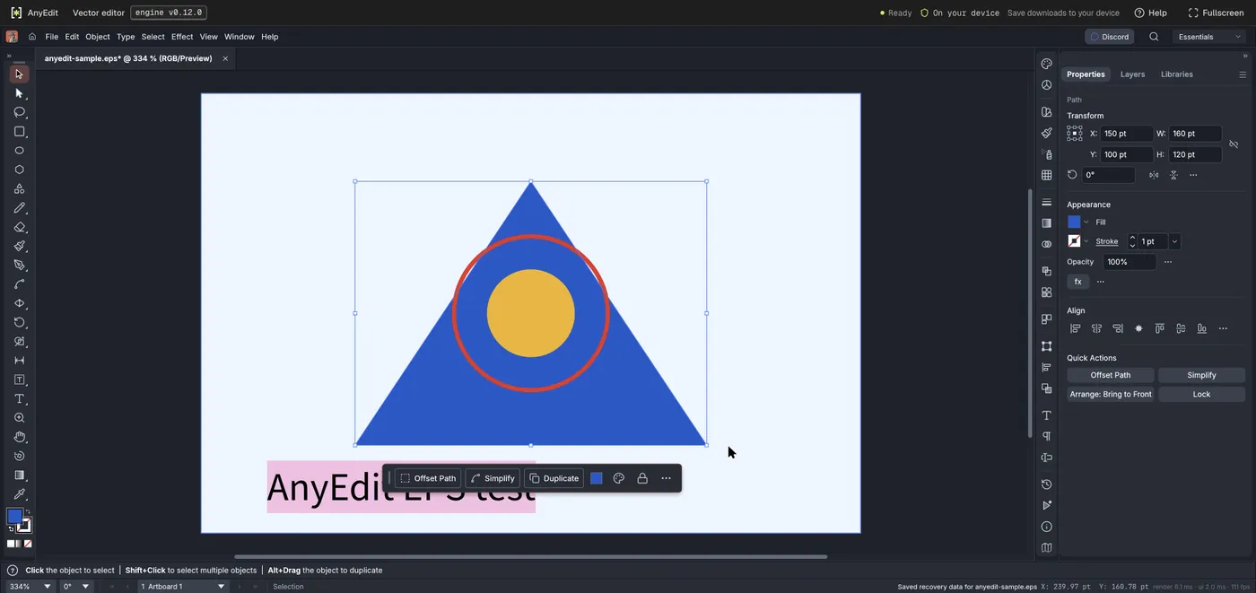 The vector editor with a test .eps open: a pale blue artboard, a blue triangle narrowed to 160 pt wide, a red ring, a yellow circle and the text AnyEdit EPS test