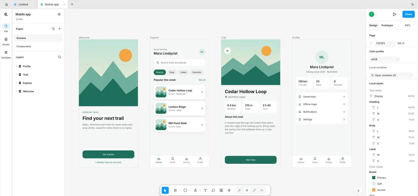 The UI design editor with the built-in Mobile app template open: four phone screens on the canvas