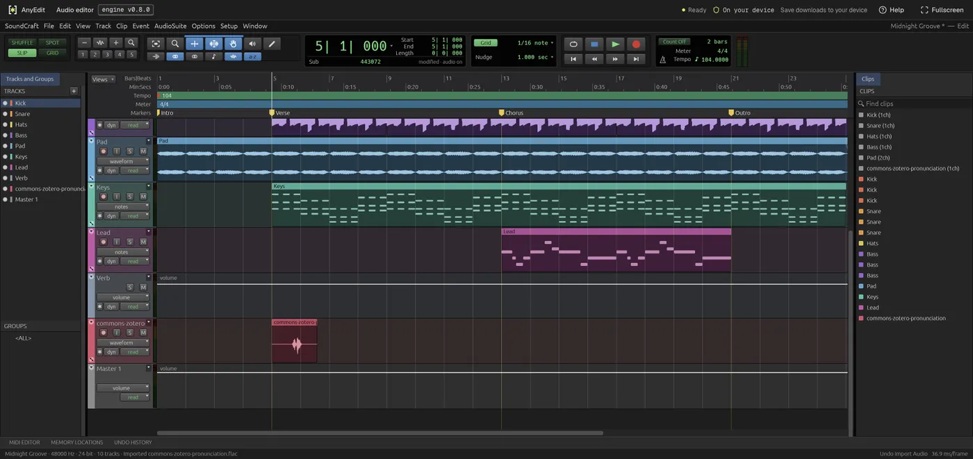 The audio editor after importing a .flac file: a new track named commons-zotero-pronunciation with a short waveform, the clip listed on the right and the status bar reading Imported commons-zotero-pronunciation.flac