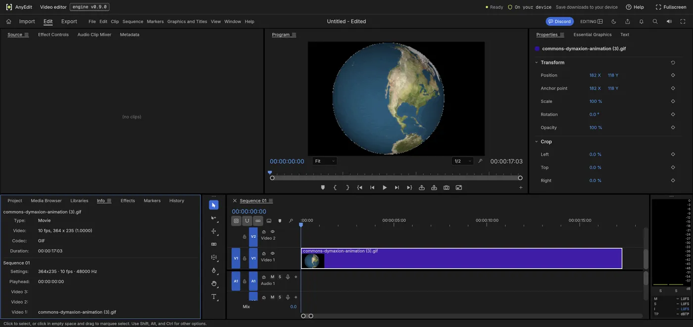 The video editor with an animated GIF of a rotating map open: the program monitor shows the globe and the Info panel lists 10 fps, 364 x 235, codec GIF, duration 17 seconds 3 frames