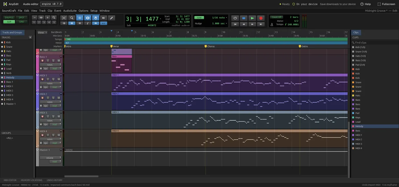 The audio editor after importing a Bach .mid: four new MIDI tracks with piano-roll notes, and the status bar reading Imported commons-bach-bwv230.mid