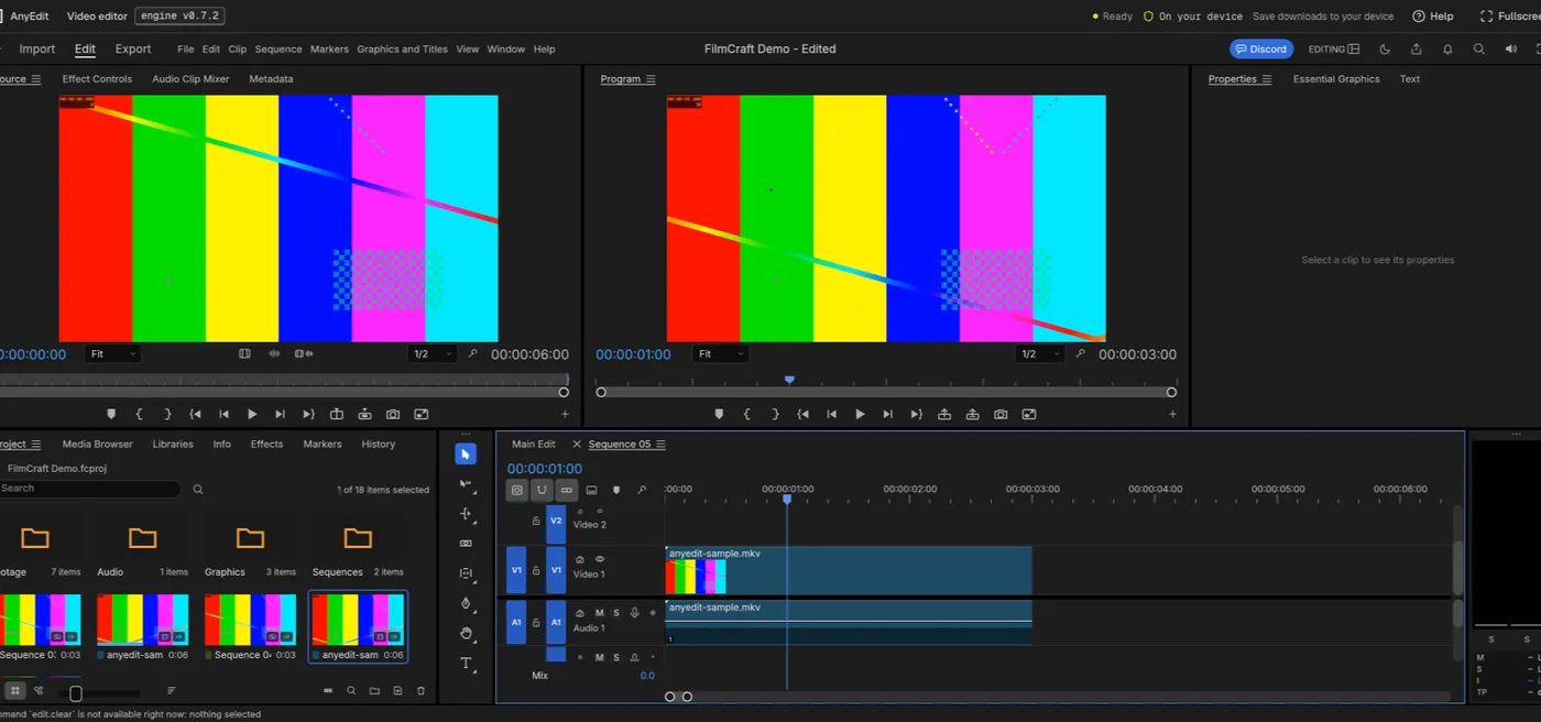 The video editor with a test .mkv open: the source monitor and program monitor show a color-bar test pattern, and the timeline holds the clip anyedit-sample.mkv