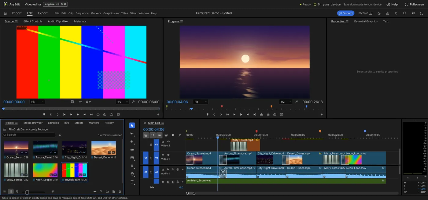 The video editor with a test .mov open in the source monitor, showing a color-bar test pattern, and the clip in the project panel