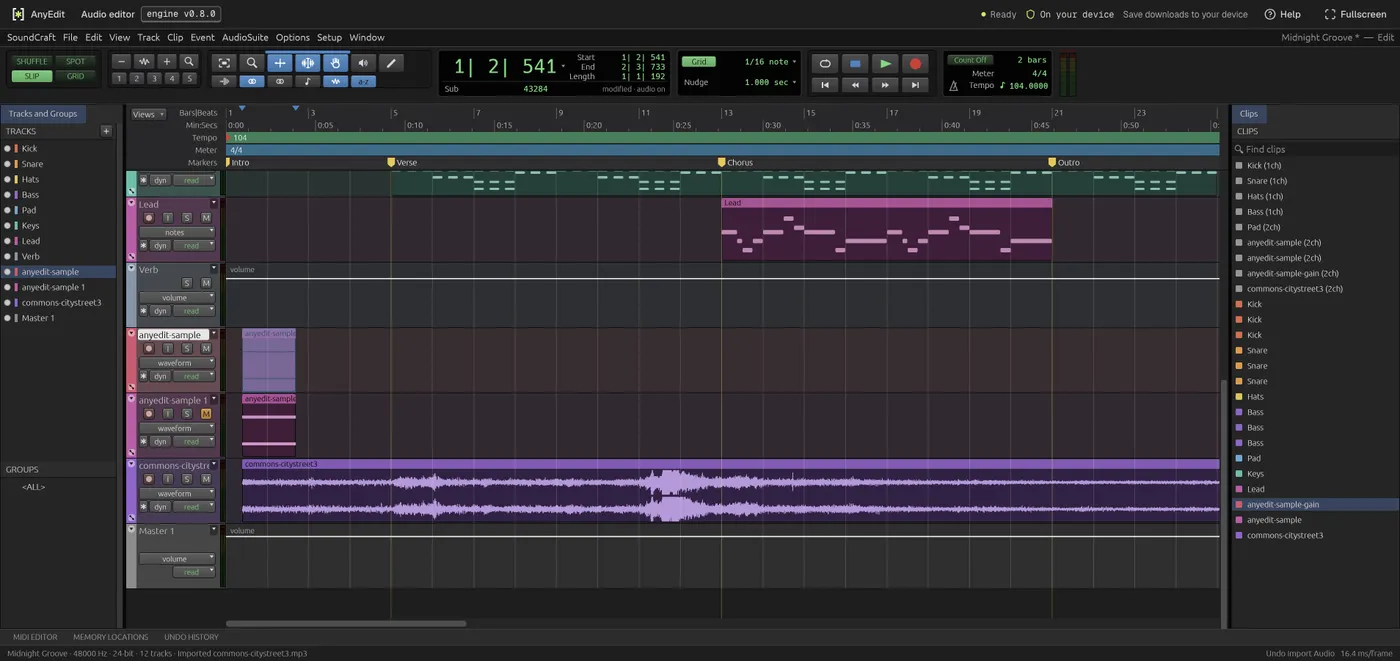 The audio editor after importing a 3 minute MP3: a new stereo track with its waveform, and the status bar reading Imported commons-citystreet3.mp3