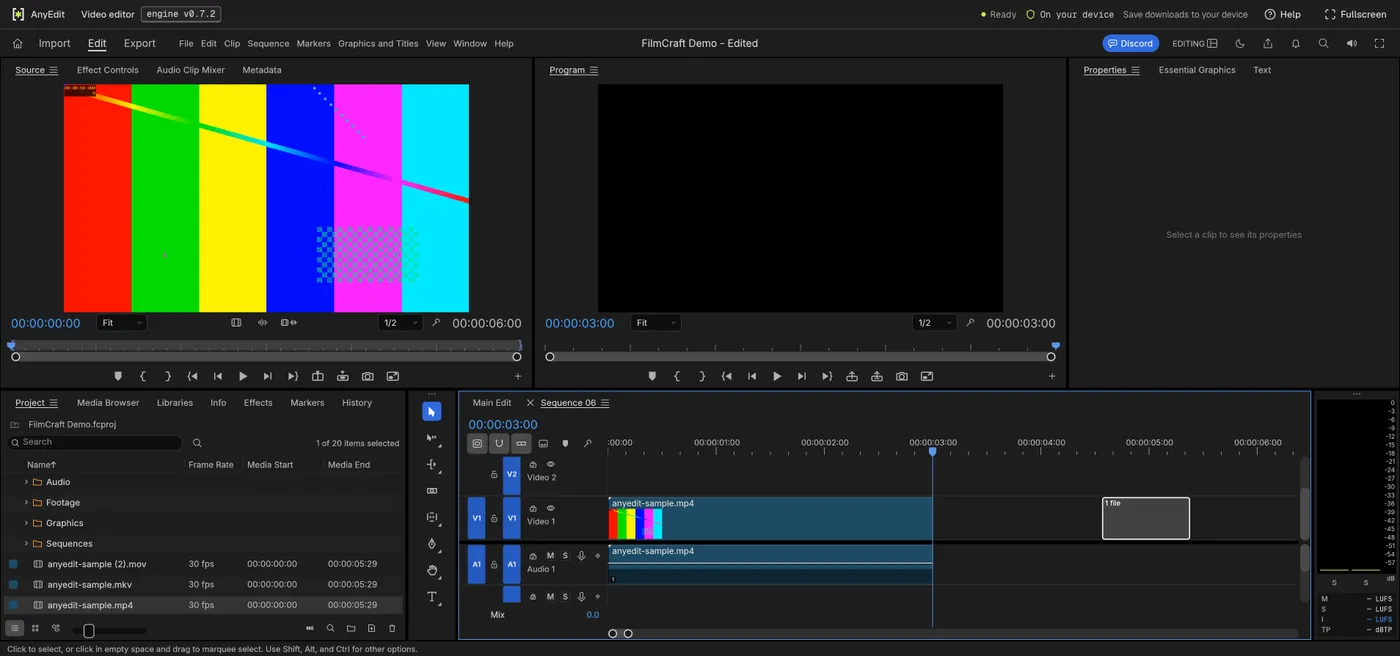 The video editor with a test .mp4 open: the source monitor shows a color-bar test pattern and the timeline holds the 3-second cut of anyedit-sample.mp4