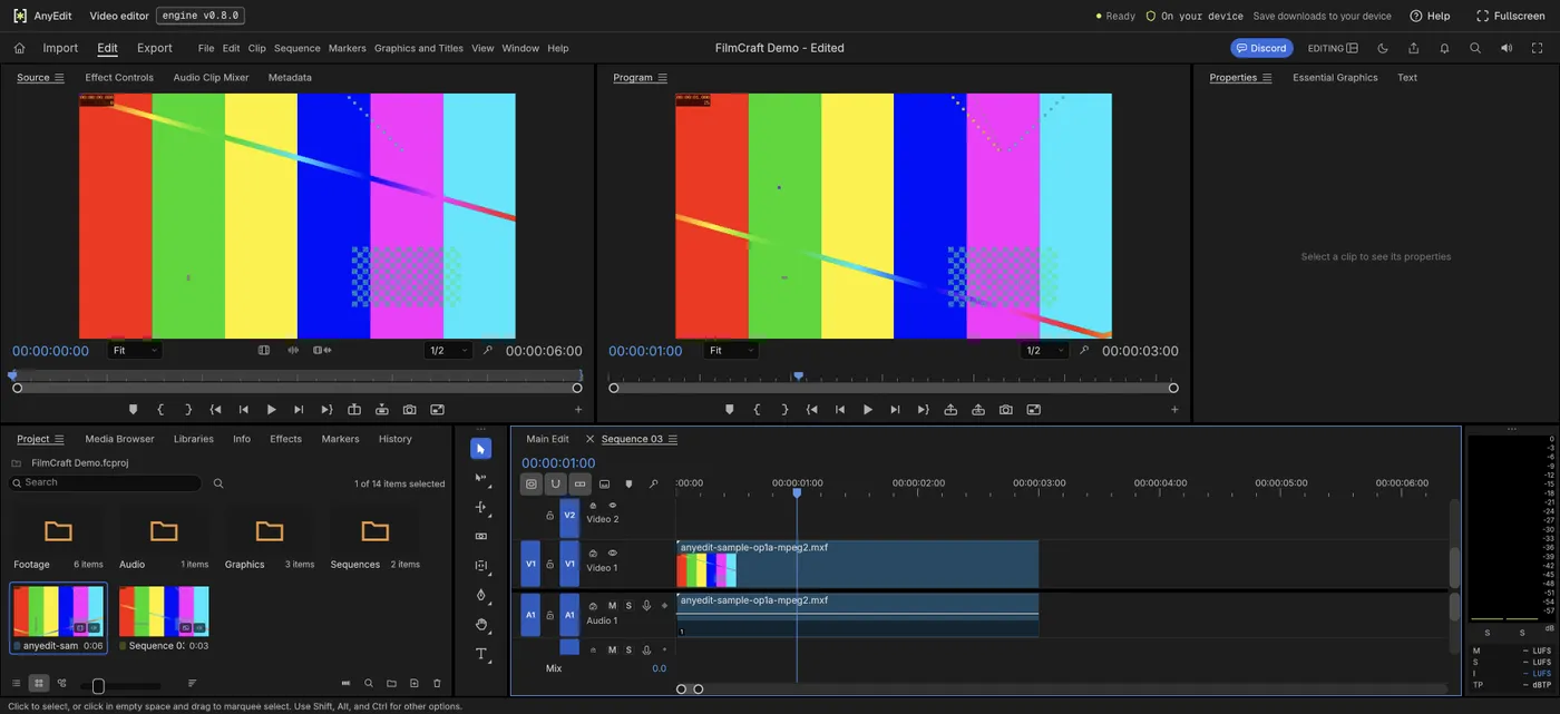 The video editor with a test .mxf open: the source and program monitors show a color-bar test pattern, and the timeline holds the clip anyedit-sample-op1a-mpeg2.mxf cut to 3 seconds