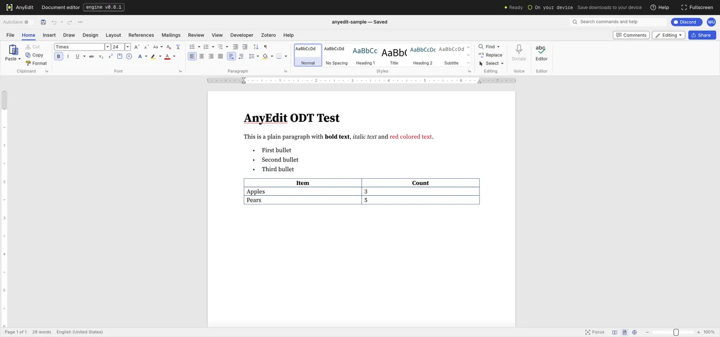 The document editor with a test .odt open: a heading, a line with bold, italic and red text, three bullets and a small table