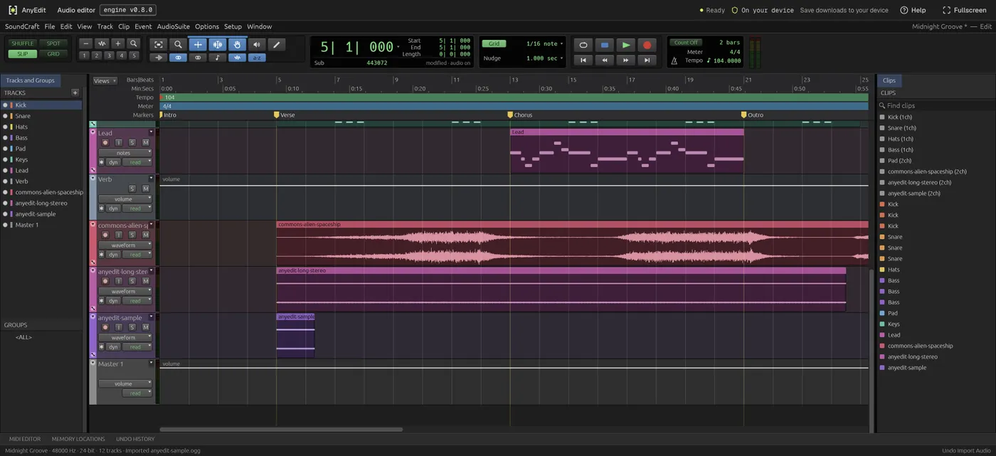 The audio editor after importing three .ogg files: new tracks named commons-alien-spaceship, anyedit-long-stereo and anyedit-sample with their waveforms, and the status bar reading Imported anyedit-sample.ogg
