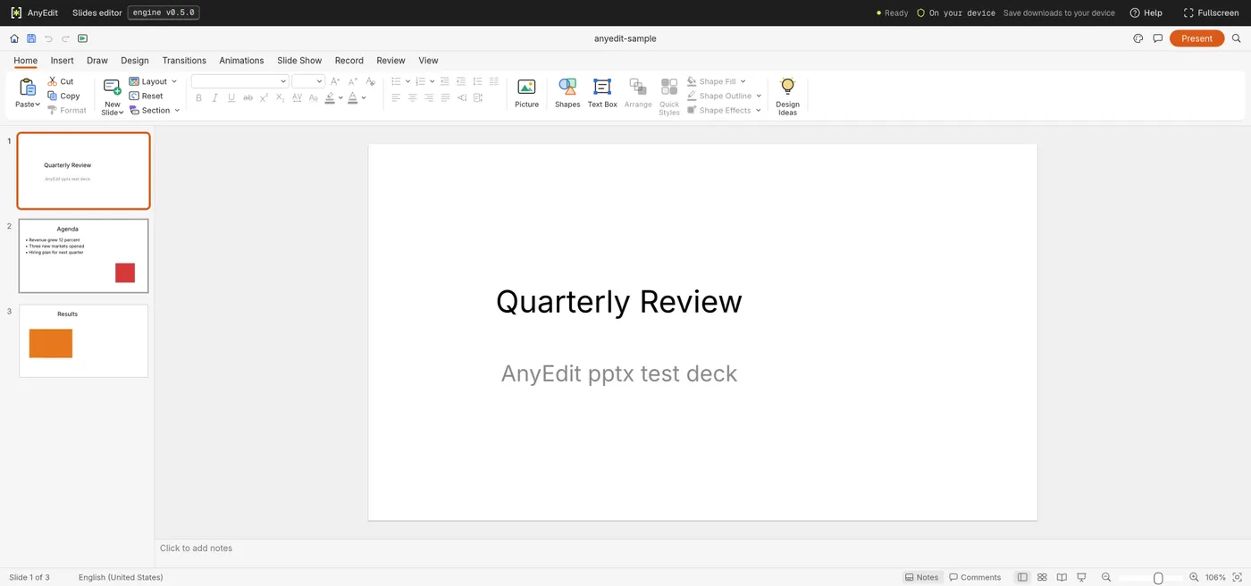 The slides editor with a test deck open: slide 1 titled Quarterly Review, and thumbnails of the agenda slide with a red square and a slide with a picture