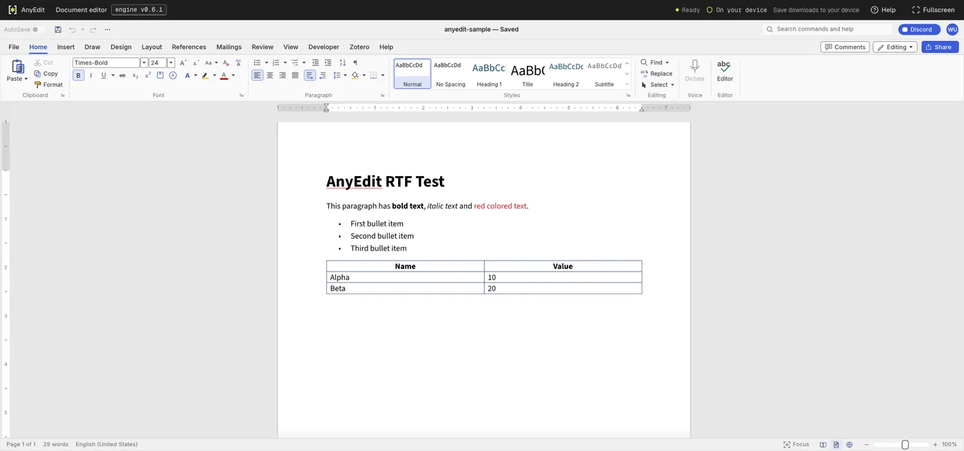 The document editor with a test .rtf open: a heading, a line with bold, italic and red text, three bullets and a small table