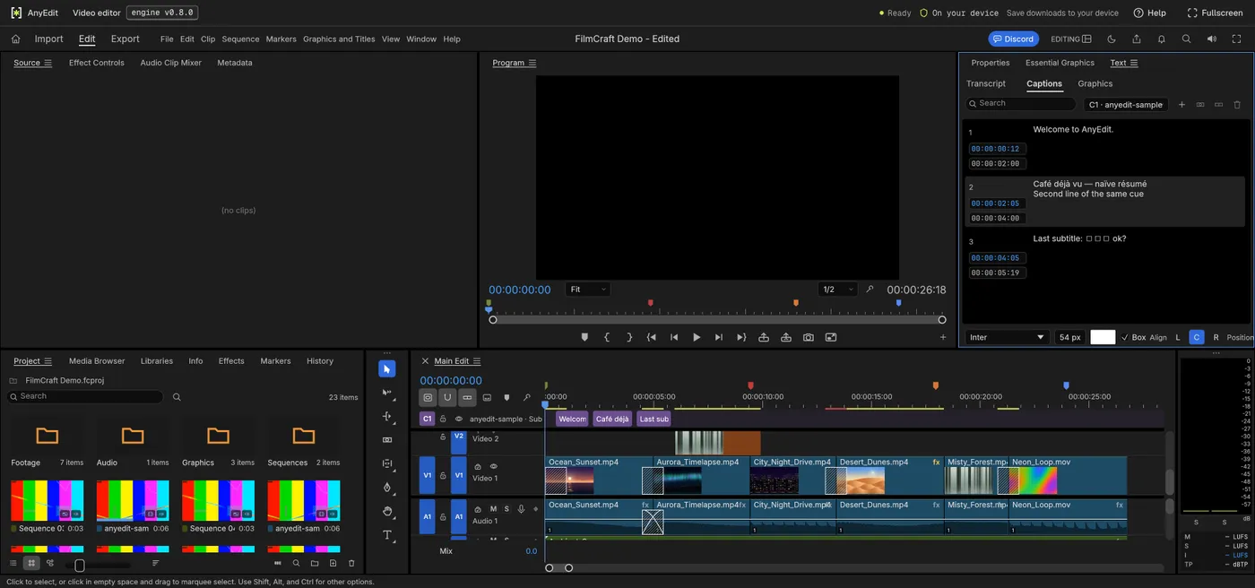 The video editor after dropping in a test .srt: a caption track with three cues on the timeline and the Text panel listing each cue with its times and text
