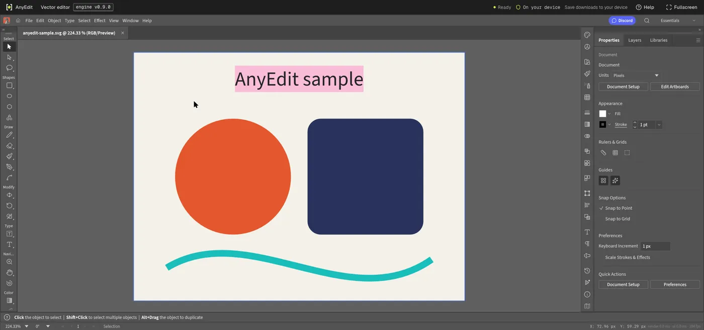 The vector editor with a test SVG open: an orange circle, a navy rounded square, a teal curve and the text AnyEdit sample
