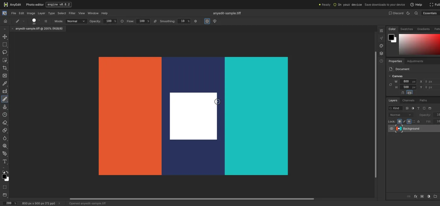 The photo editor with a test .tiff open: three vertical color bars (orange, navy, teal) with a white square in the middle, and one layer named Background