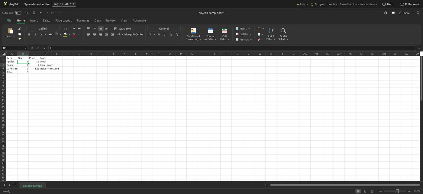 The spreadsheet editor with a test .tsv open as a sheet: columns Item, Qty, Price and Note, a changed quantity of 7, and accented text