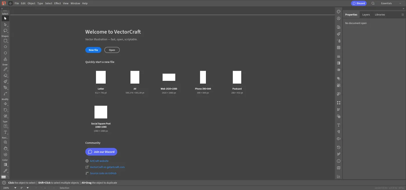 The vector editor with a new document and a rectangle