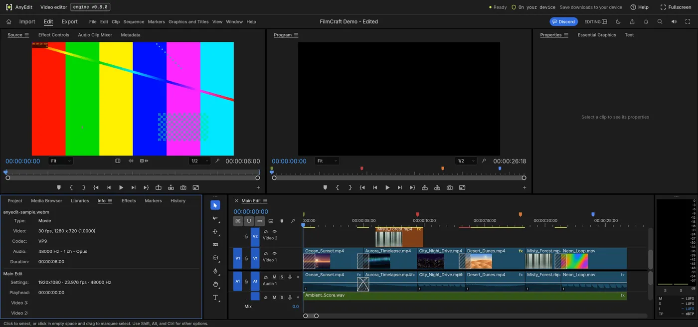 The video editor with a test .webm open: the source monitor shows a color-bar test pattern and the Info panel lists VP9 video and Opus audio for anyedit-sample.webm